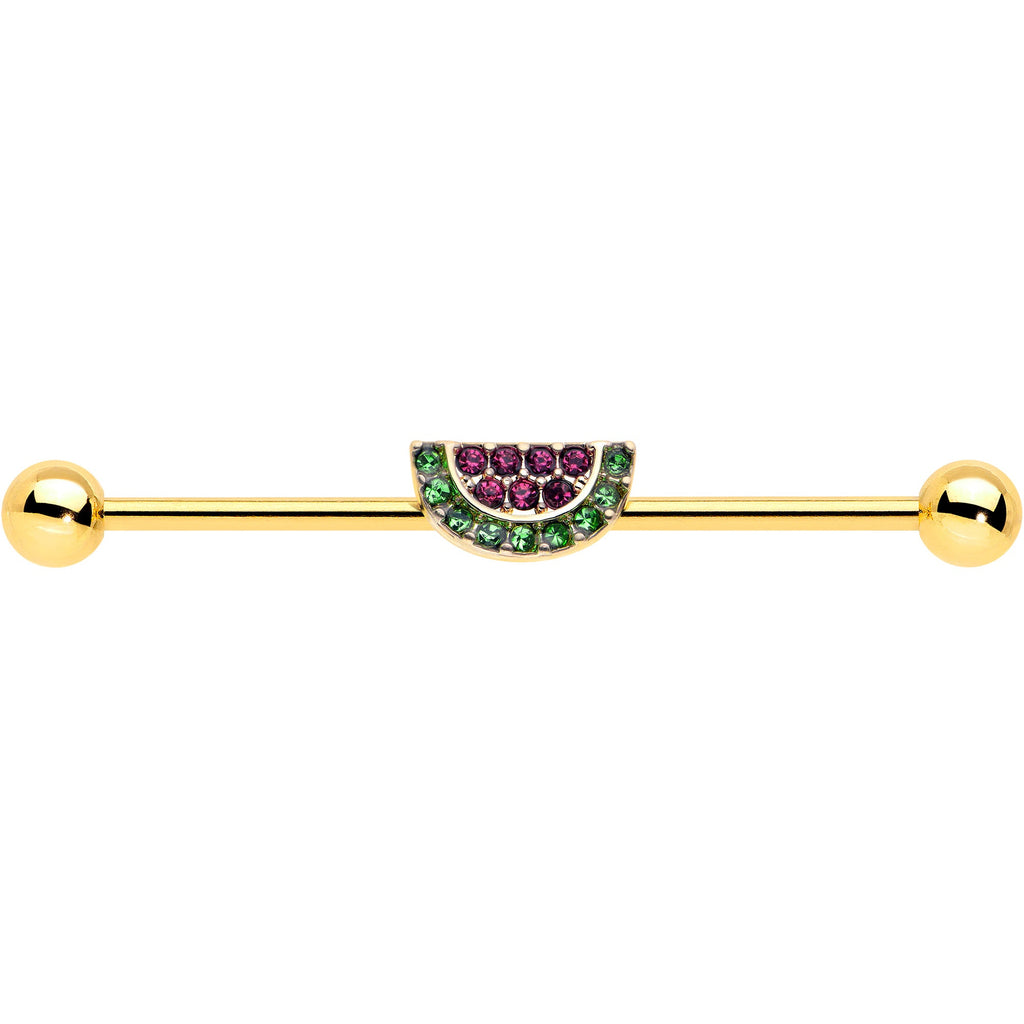14G Pink Green Gem Gold Hue Watermelon Yum Industrial Barbell 38mm