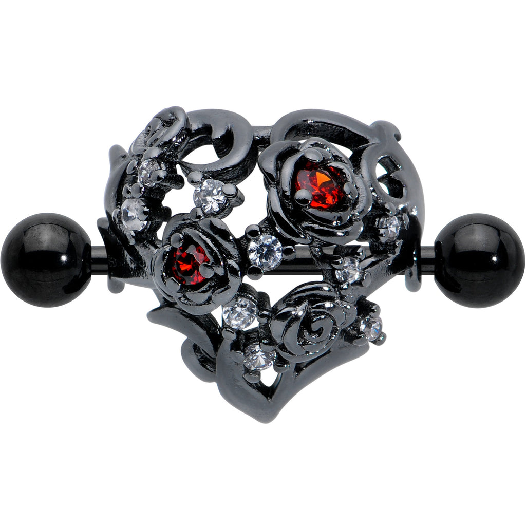 14G 9/16 Red Clear CZ Gem Black Floral Heart Nipple Shield Set