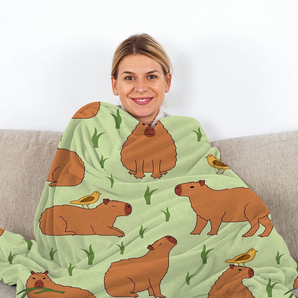1 Pce Of Flannel Bird And Capybara Combined Pattern Soft And Fluffy Multifunctional Outdoor Beach Camping Living Room Sofa Office Nap Printed Blanket