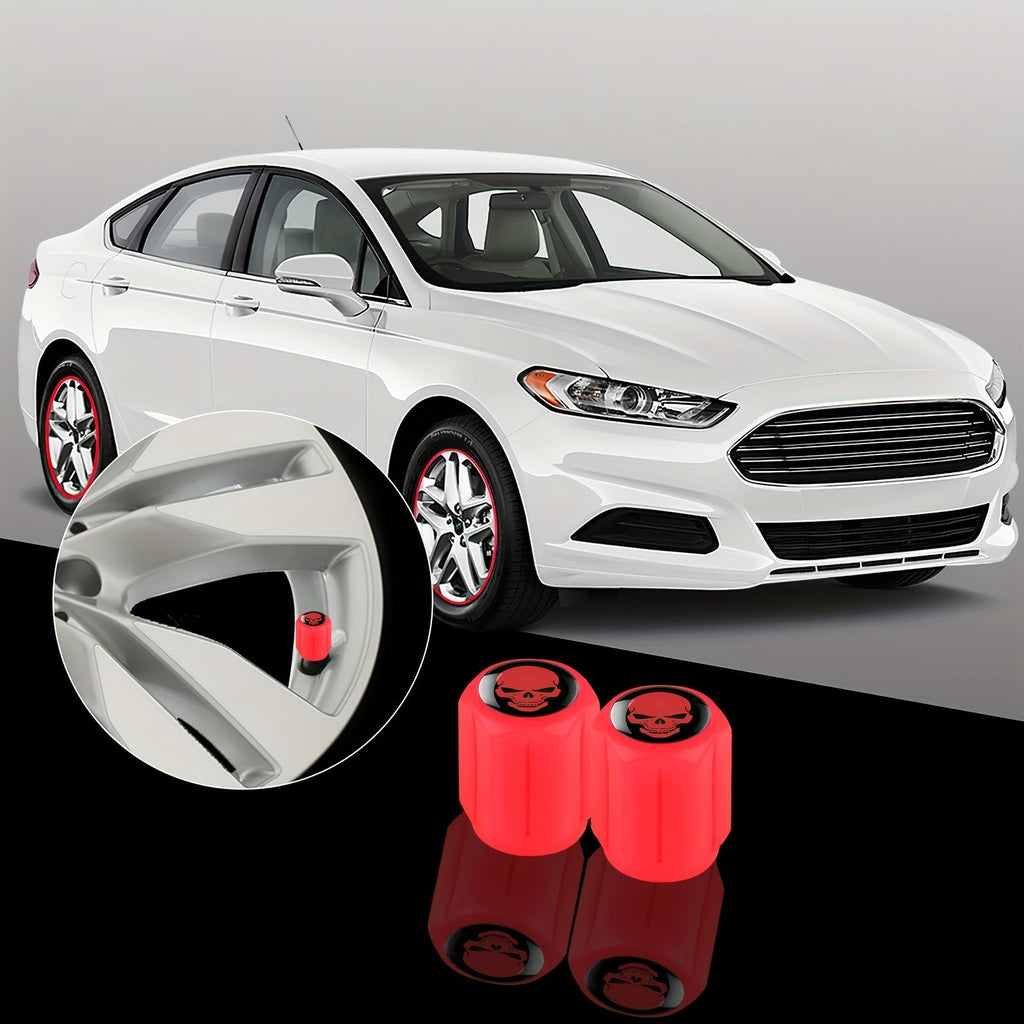 A Collection of Four Glowing Tire Valve Caps Designed to Stop Air from Escaping, Ideal for Vehicles Like Cars, Bikes, And Trucks, Adding a Fashionable Touch
