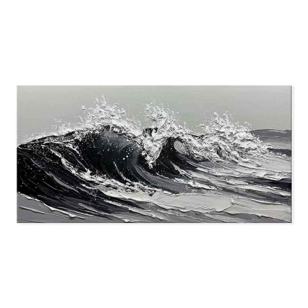 Large Gray And White Seawaves Seascape Oil Painting On Canvas Handmade Black Texture Knife Thick Wall Art For Home Living Room Decor Mural