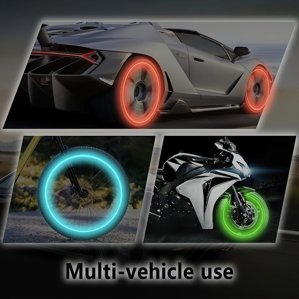 A Collection of Four Glowing Tire Valve Caps Designed to Stop Air from Escaping, Ideal for Vehicles Like Cars, Bikes, And Trucks, Adding a Fashionable Touch