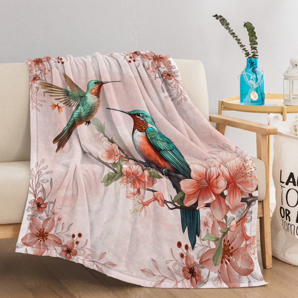 1pce Hummingbird Floral Fleece Throw Blanket Soft And Fluffy Multifunctional Outdoor Beach Camping Living Room Sofa Office Nap Printed Blanket