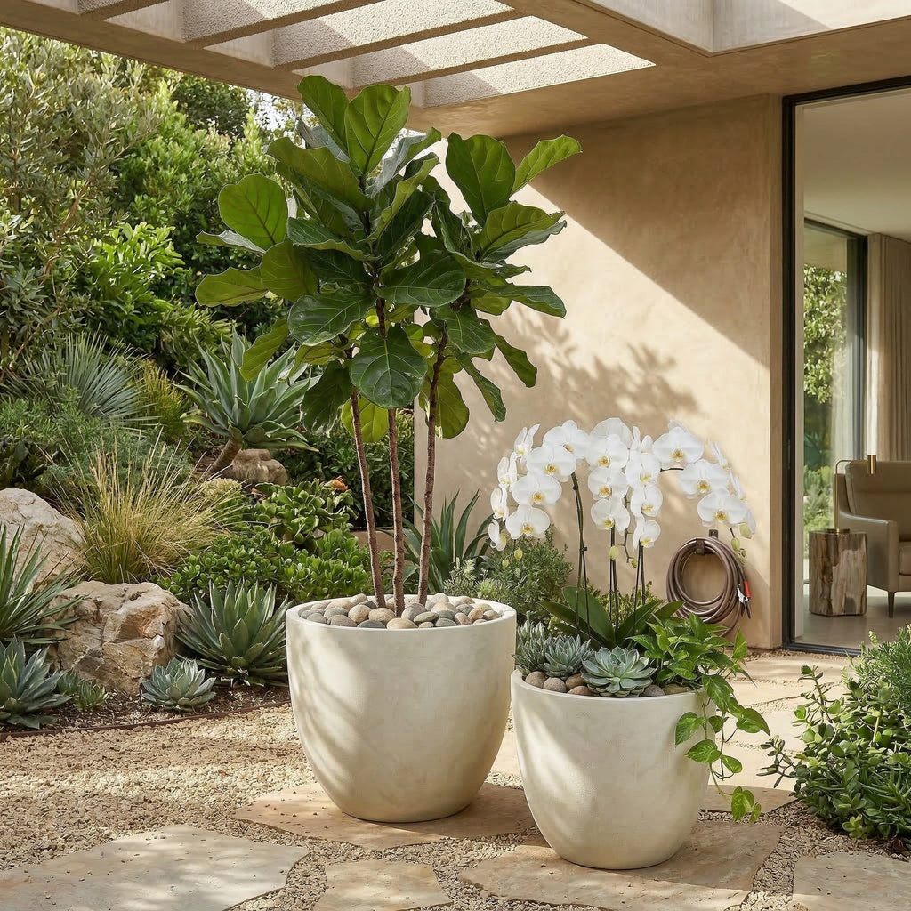 Round Concrete Planter Set of 2, Large Outdoor Indoor Handmade Rustic Decorative Planter Pots with Drainage Holes