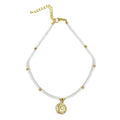 White Glass Bead Choker with Brass Coin Pendant