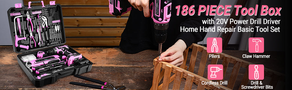 DEKO Pink Drill Tool Kit Set: 20V Cordless Power Drill Tool Box with Battery Electric Drill Driver