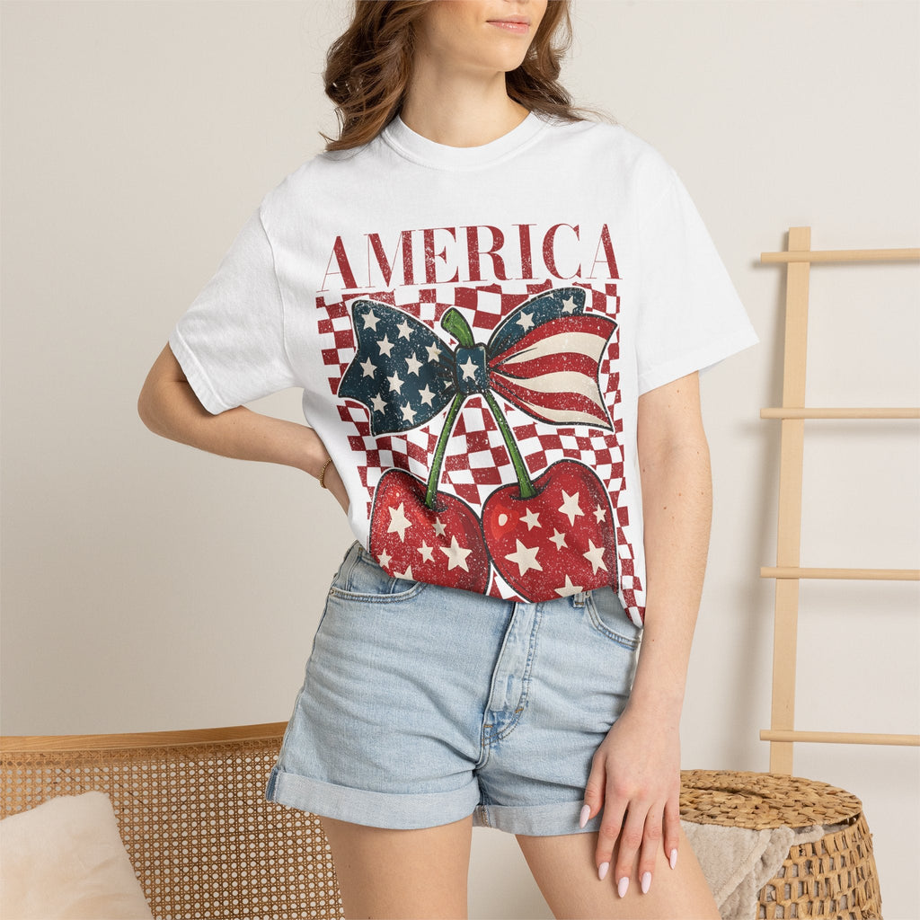 America Cherry Graphic T-Shirt | Garment-Dyed Vintage Americana Tee S–4XL