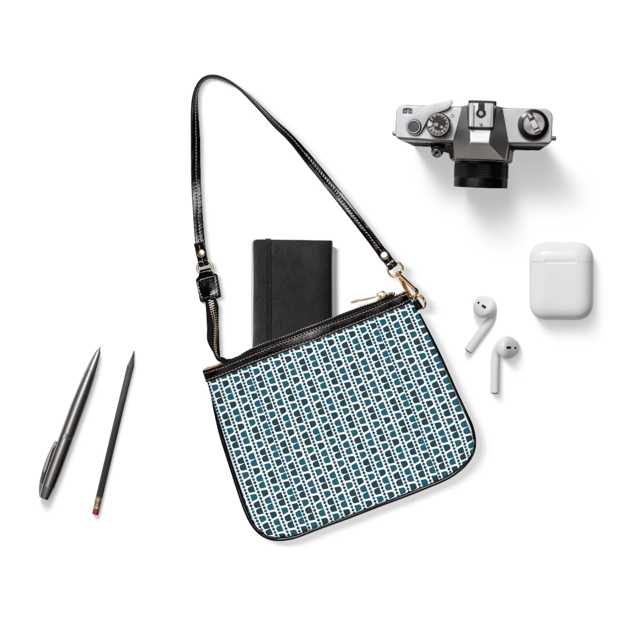 Blue and White Arabic Coffee Cups Shoulder Bag — Small Leather Crossbody Purse
