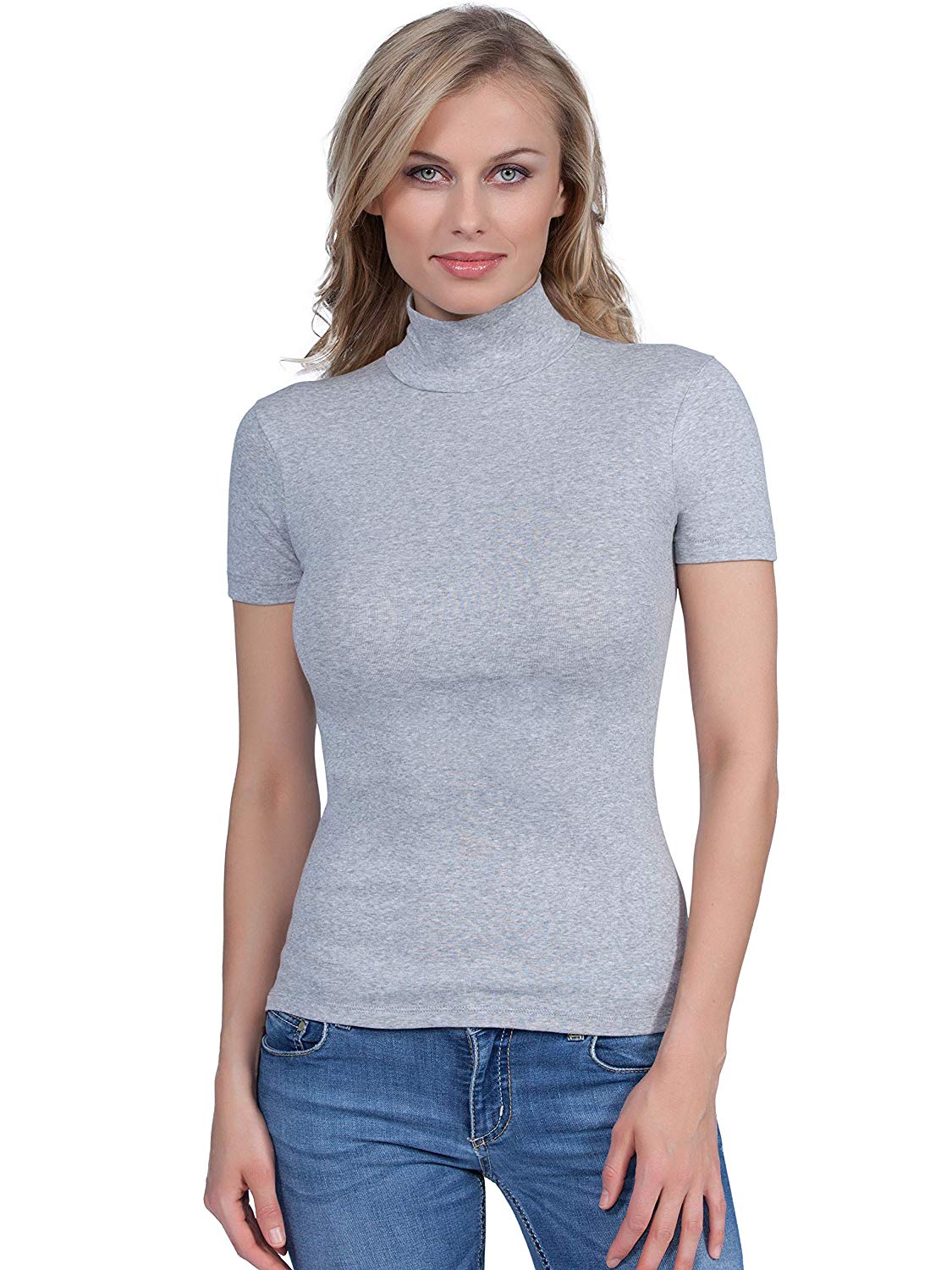 BASIC COTTON Free Spirit Premium Quality Cotton Women's Turtleneck Short Sleeve Shirt Made in Italy (676)