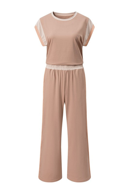 Colorblock Short Sleeve Top & Wide Leg Pants Set