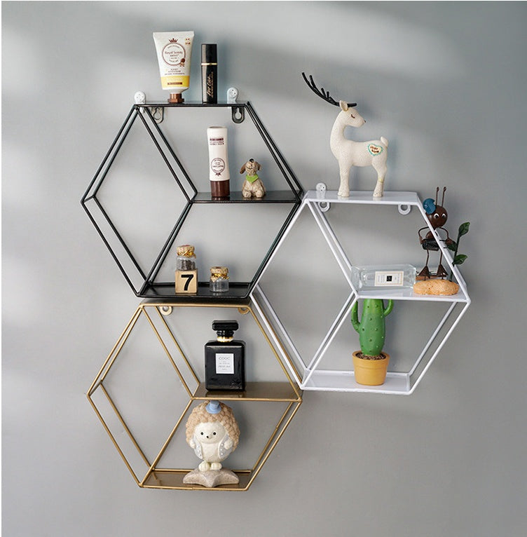 Hexagon Metal Wall Shelf - 3-Tier Industrial Iron Geometric Floating Storage Rack