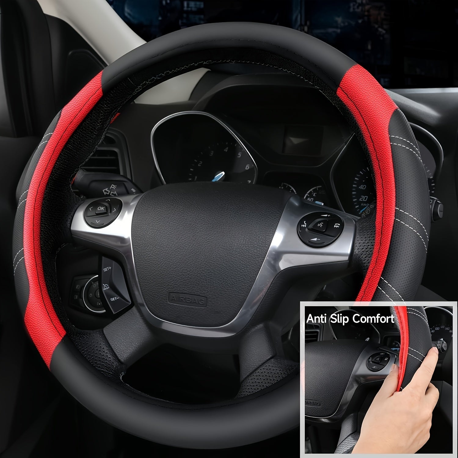 Steering Wheel Cover And Waterproof Car Floor Mats, Microfiber Universal Car Combo Fit for 95% Sedan, SUV, Cars, 14.5-15inch Sporty Anti-Slip Safety Comfortable Design