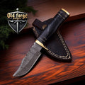 Handmade Damascus Hunting Knife with Black Resin Handle & Leather Sheath