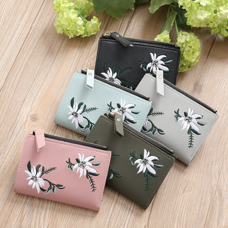 Women's Embroidered PU Leather Zipper Wallet - Slim Korean Style Floral Coin Purse