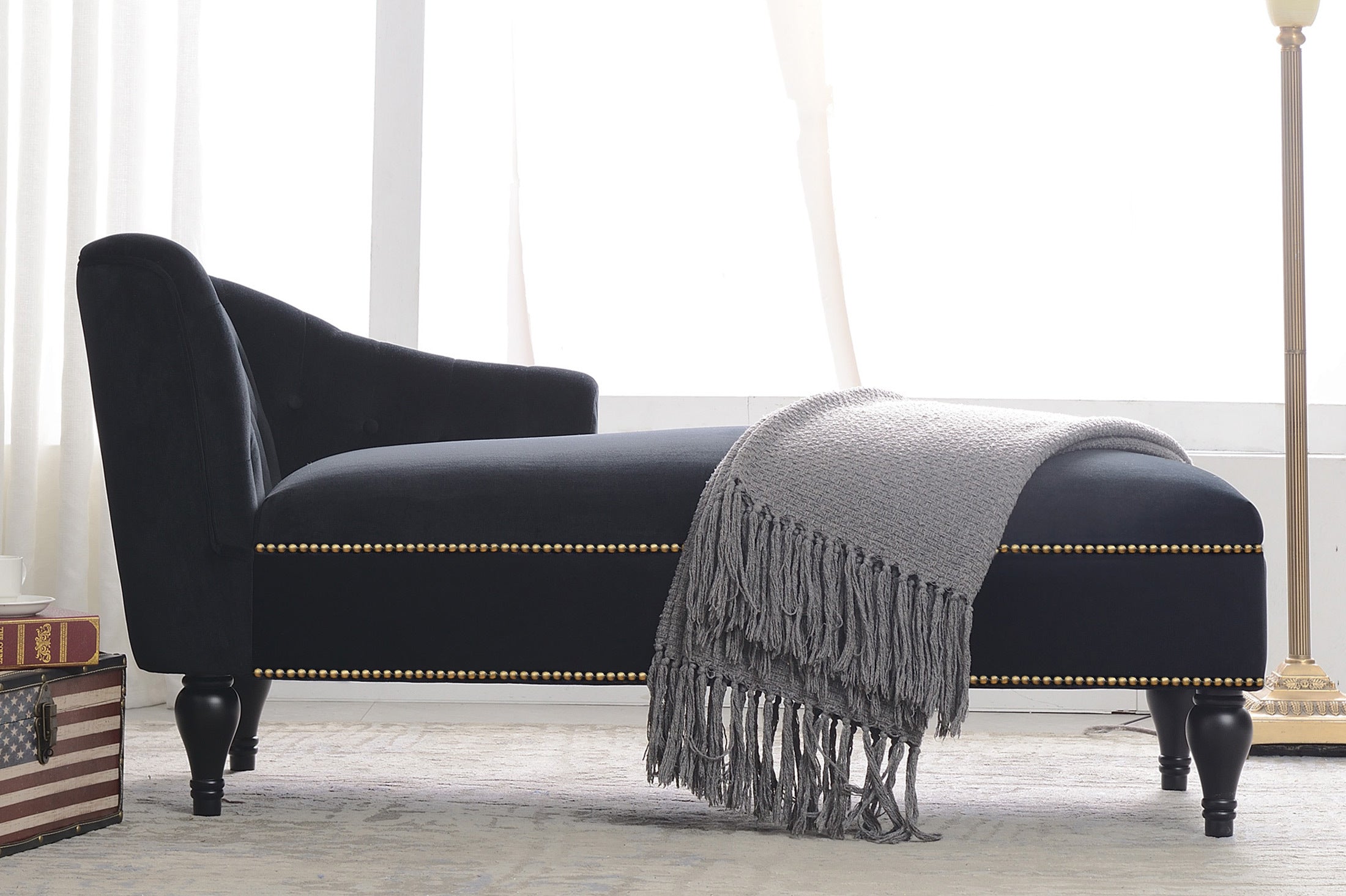 58" Velvet Chaise Lounge with Nailhead Trim and Solid Wood Legs