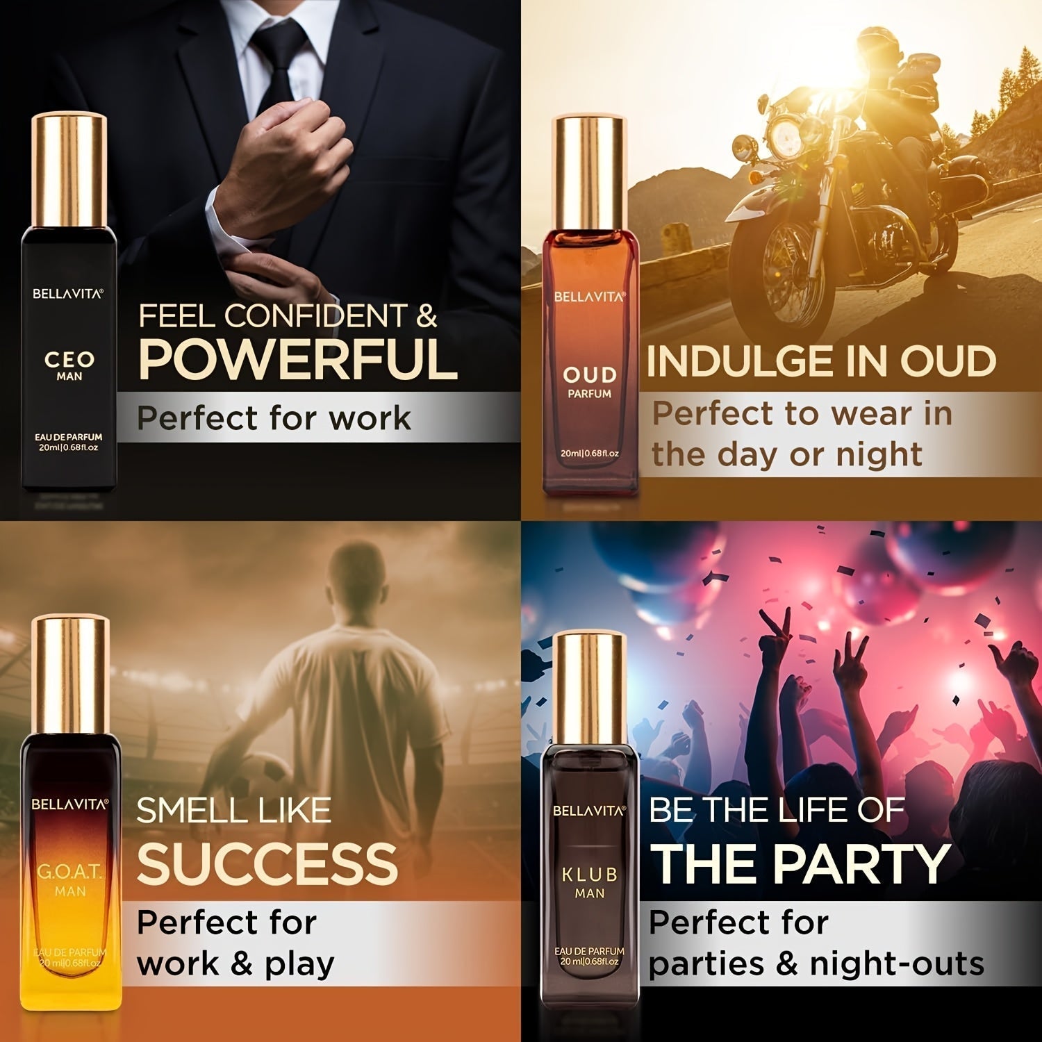 Bella Vita Luxury Long Lasting Perfume Gift Set for Man | 4x0.68oz | Gifts for Men | Woody, Citrusy, Oud, Premium Fragrance Scent | KLUB, OUD, CEO, G.O.A.T