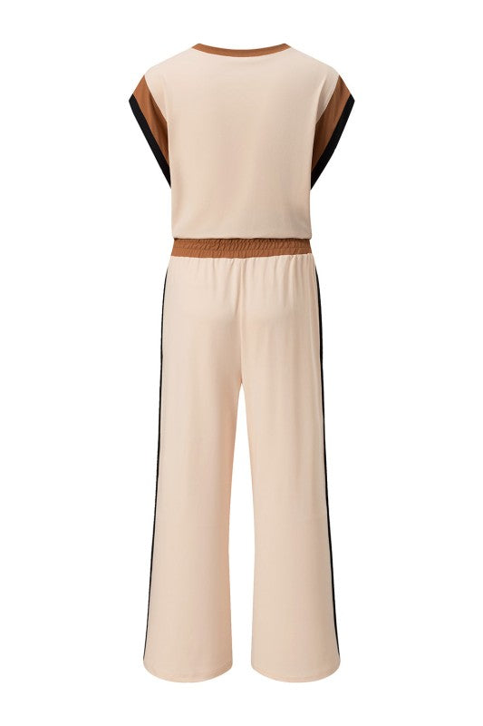 Colorblock Short Sleeve Top & Wide Leg Pants Set