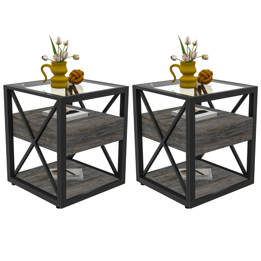 Set of 2 Modern End Tables with Drawer - Nightstand