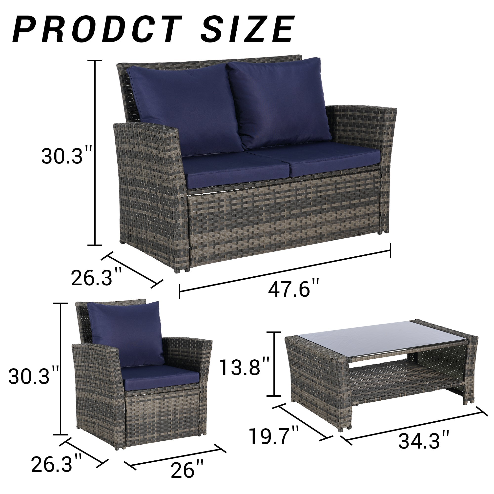 4 Pieces Outdoor Patio Furniture Set with Rattan Chairs and Tempered Glass Table