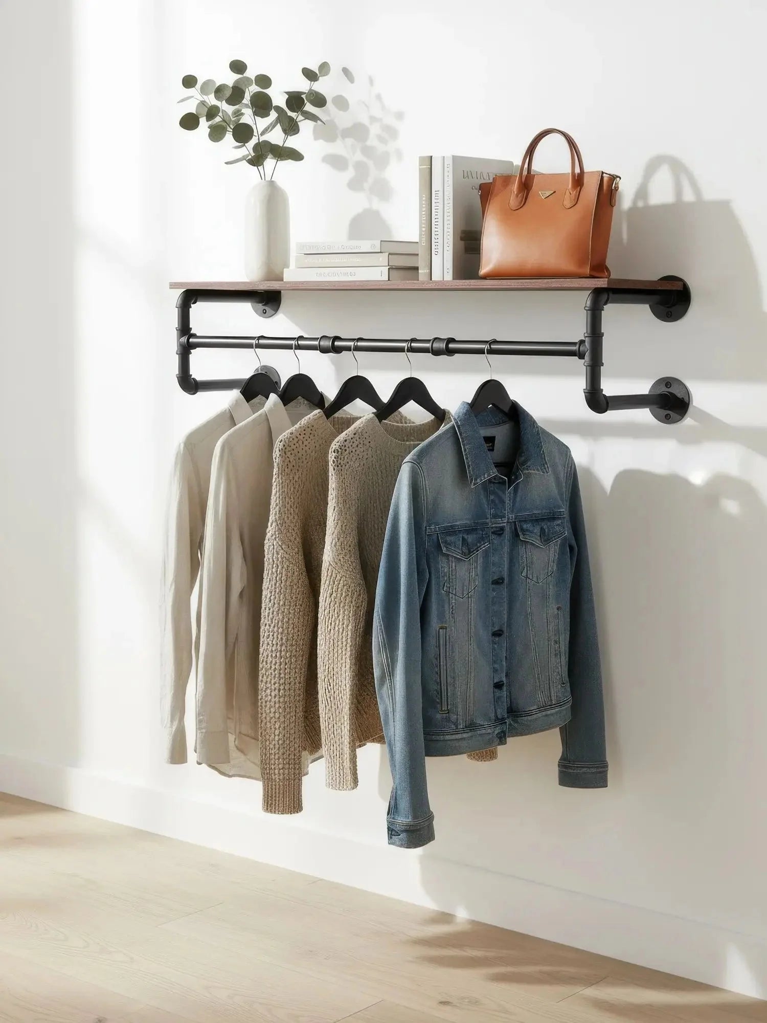 Industrial Pipe Clothes Rack with Top Shelf, 39 In Space-Saving 2 Tiers Heavy Duty Pipe Wall Mounted Clothing Shelves