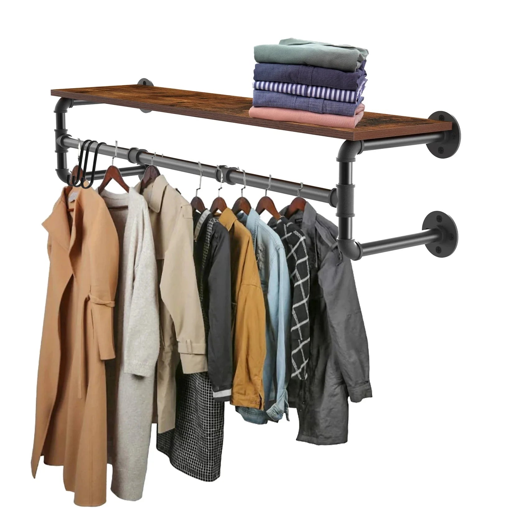 Industrial Pipe Clothes Rack with Top Shelf, 39 In Space-Saving 2 Tiers Heavy Duty Pipe Wall Mounted Clothing Shelves