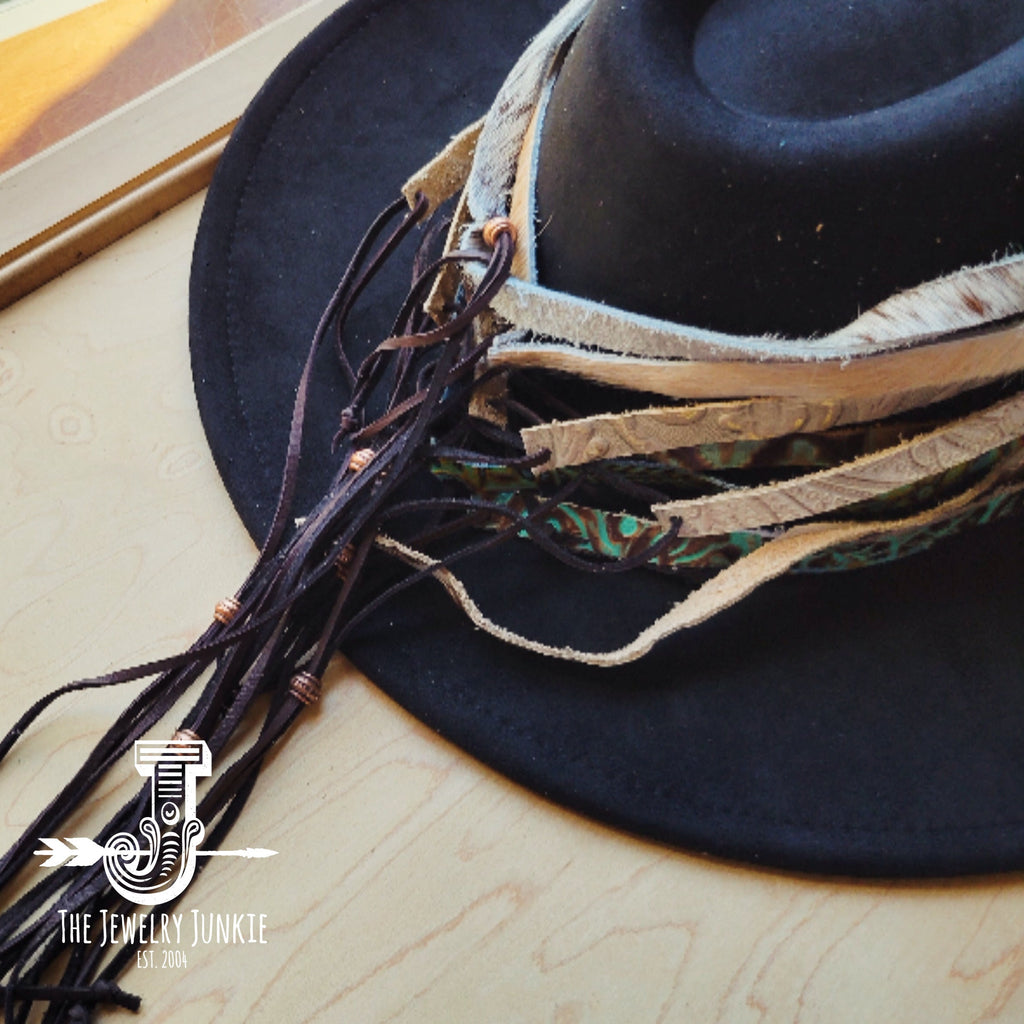 Dark Hair on Hide Leather Hat Band Only w/ Turquoise Slab 951o