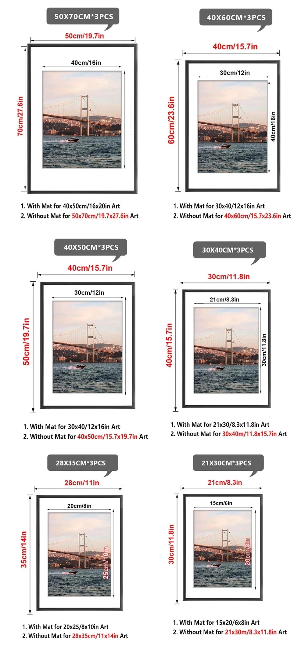 3pcs 30x40 50x70cm Picture Frames Aluminum Modern Photo Frame Black With Mat For Wall Art Mounting Canvas Print Home Decor