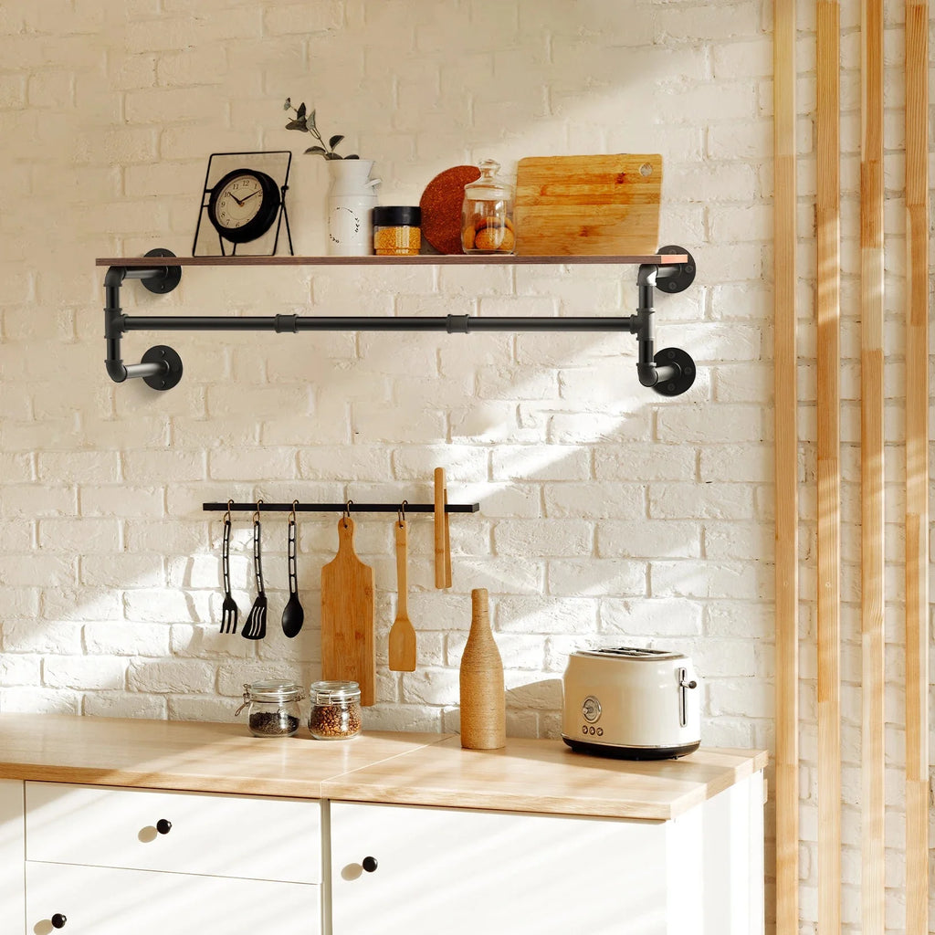Industrial Pipe Clothes Rack with Top Shelf, 39 In Space-Saving 2 Tiers Heavy Duty Pipe Wall Mounted Clothing Shelves