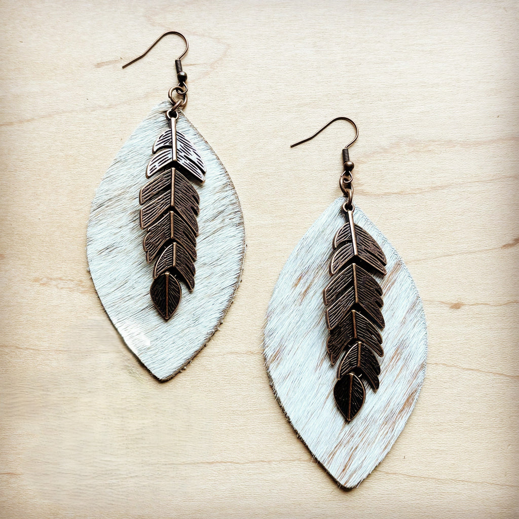 **Leather Oval Earrings Spotted Hair Hide w/ Copper Feather 219m
