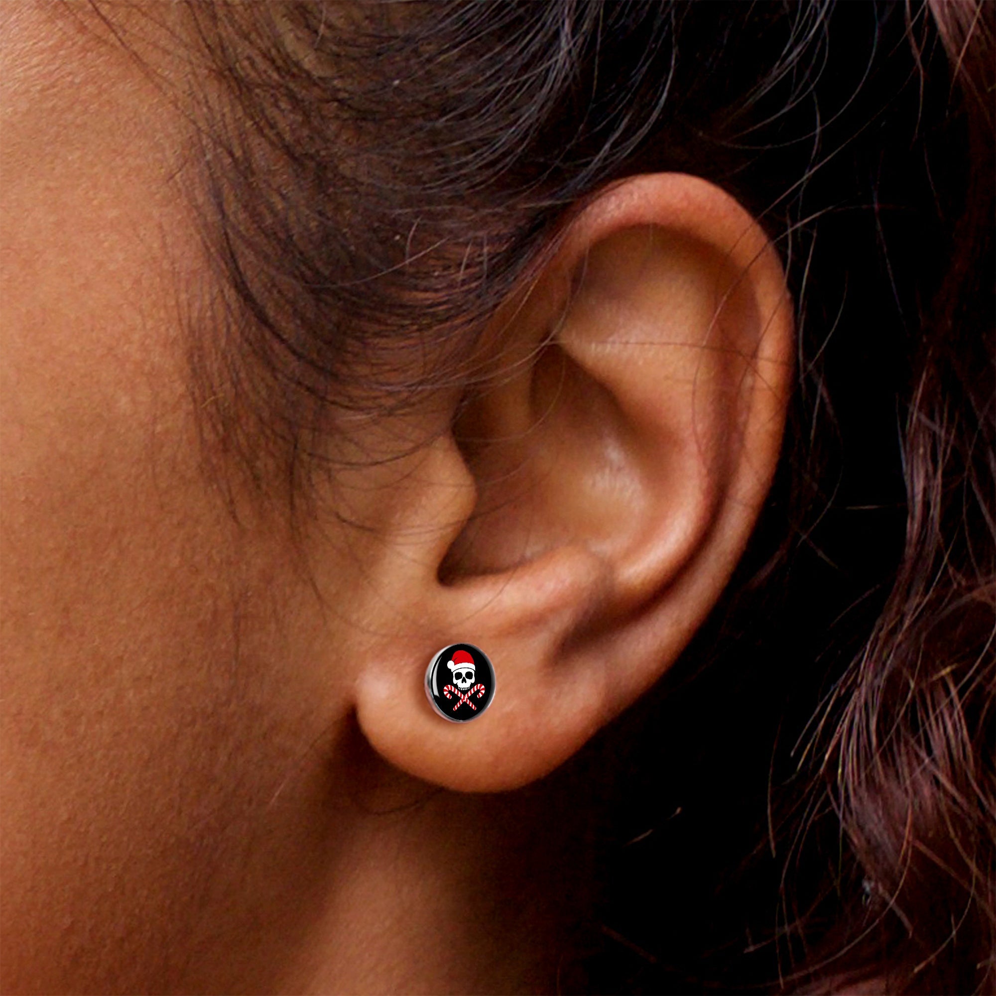 Santa Pirate Candy Cane Skull Stud Earrings by Onyx O