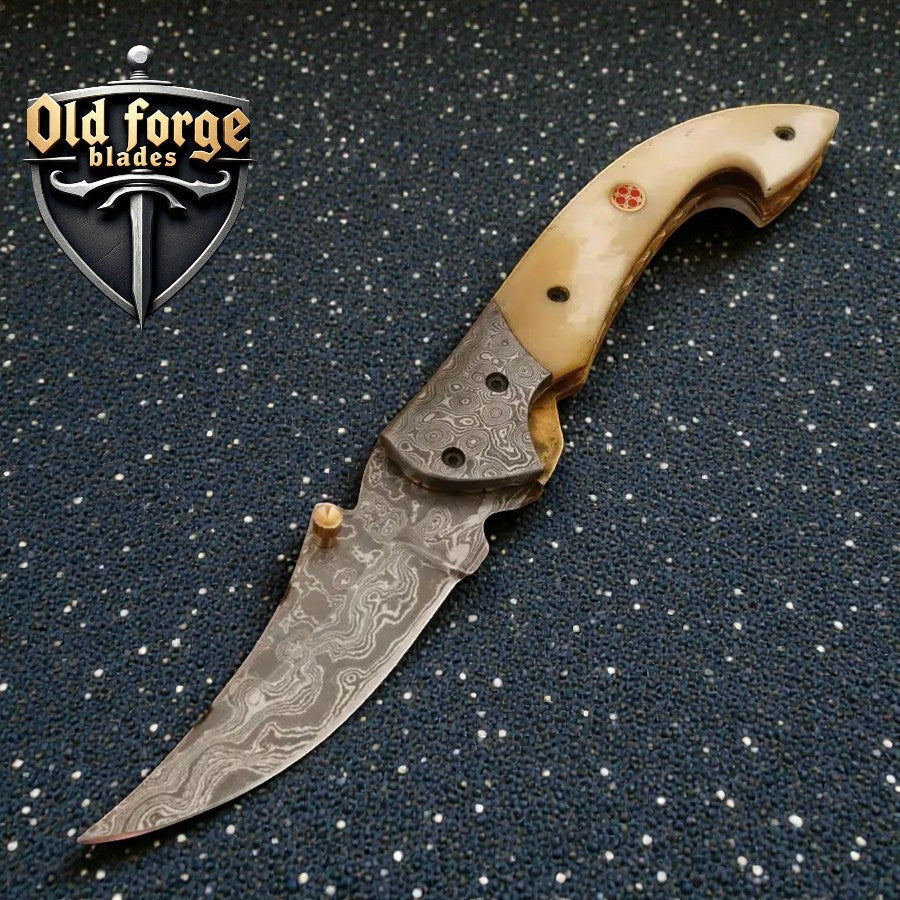Damascus Steel Pocket Knife – Bone Handle USA EDC Knife