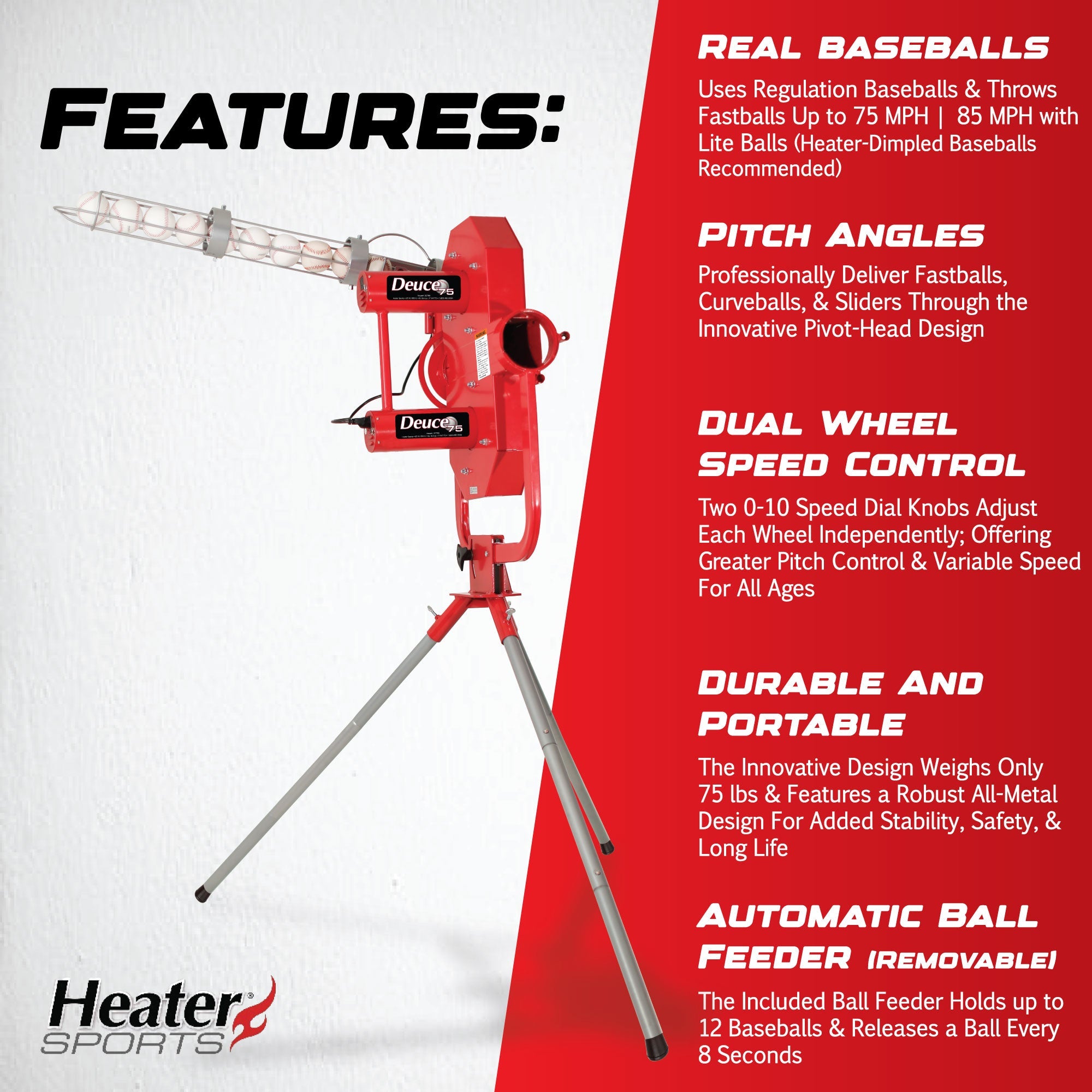 Heater Deuce 75 MPH Pitching Machine w/ Feeder & Xtender 36' Batting Cage