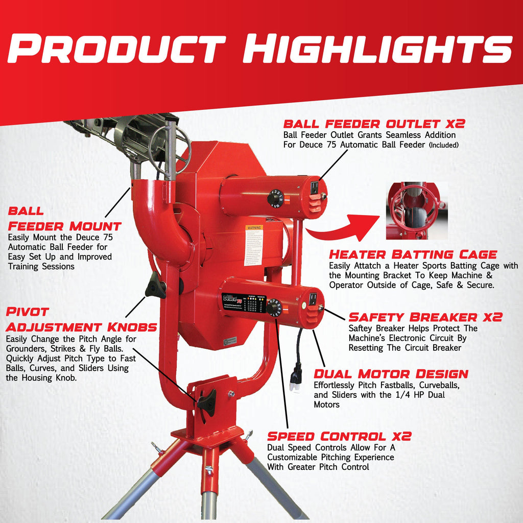 Heater Deuce 75 MPH Pitching Machine w/ Feeder & Xtender 36' Batting Cage