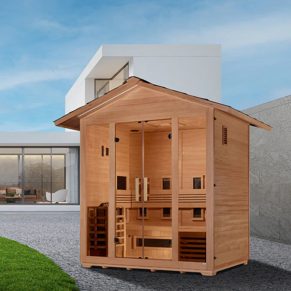 Golden Designs Gargellen 5 Person Hybrid Outdoor Sauna (PureTech™ Full Spectrum IR or Traditional Stove)