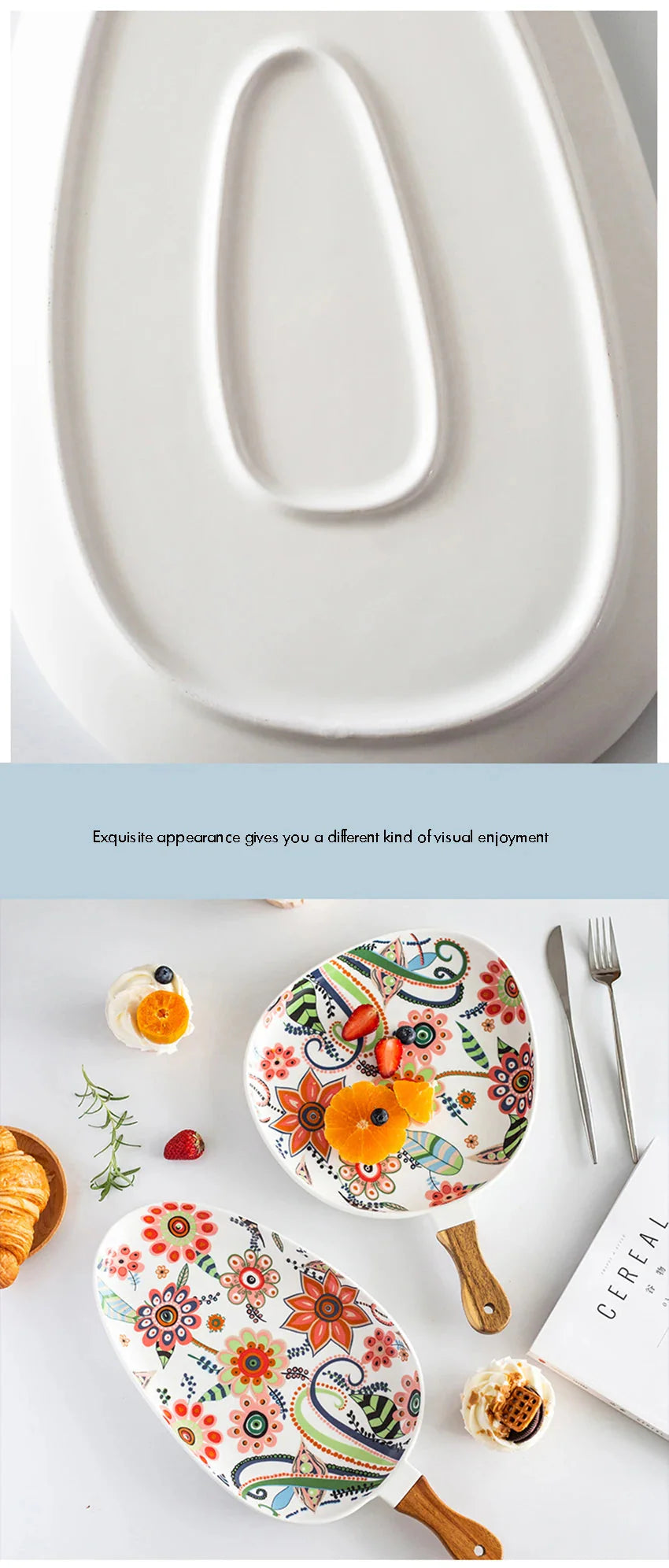 Ceramic Salad Plates with Handle,Porcelain Dinner Plates,Colorful Floral Pattern Serving Plate for Desserts Sandwiches Dishes 접시
