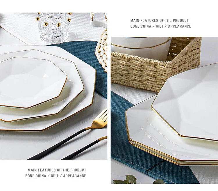 Phnom Penh Creative Octagonal Steak Flat Plate Light Luxury Bone China Tableware Western Dinner Plate Household Dinner Plates
