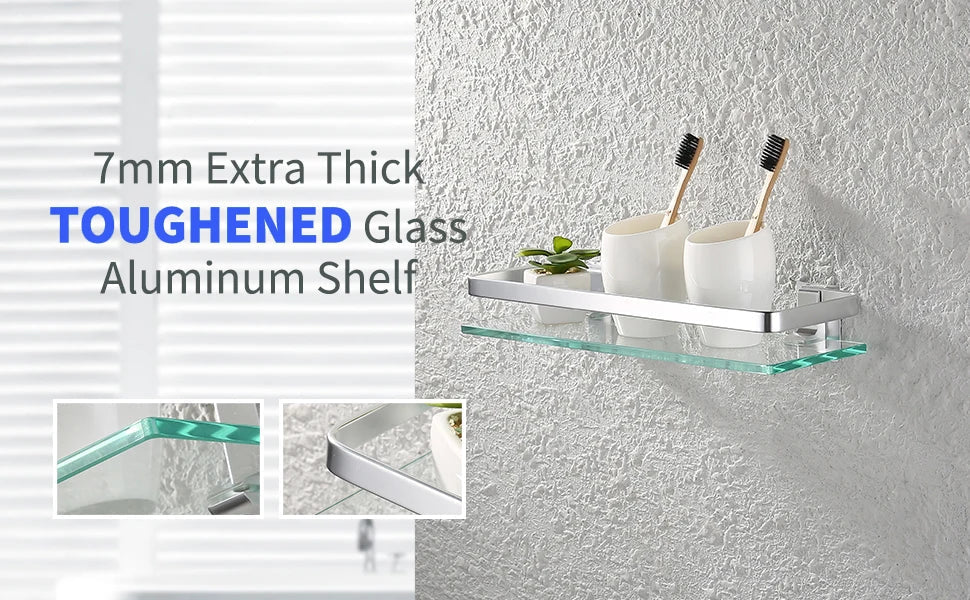 Tempered Glass Bathroom Shelf Aluminum Storage Rack Rectangular 30 40 50cm 1 Tier Silver Sand Sprayed Wall Mounted