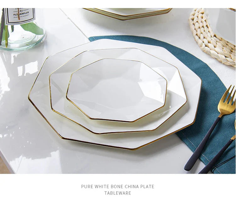 Phnom Penh Creative Octagonal Steak Flat Plate Light Luxury Bone China Tableware Western Dinner Plate Household Dinner Plates