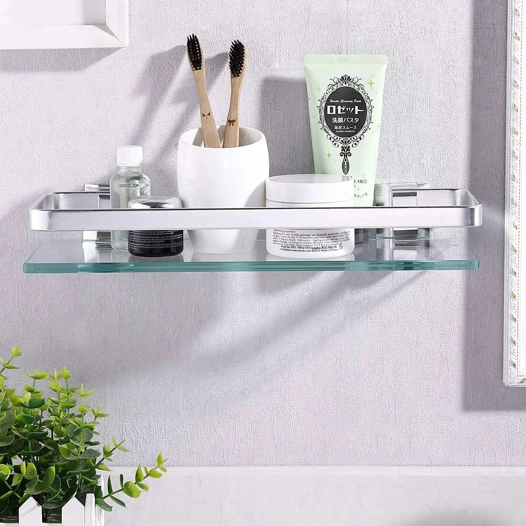 Tempered Glass Bathroom Shelf Aluminum Storage Rack Rectangular 30 40 50cm 1 Tier Silver Sand Sprayed Wall Mounted