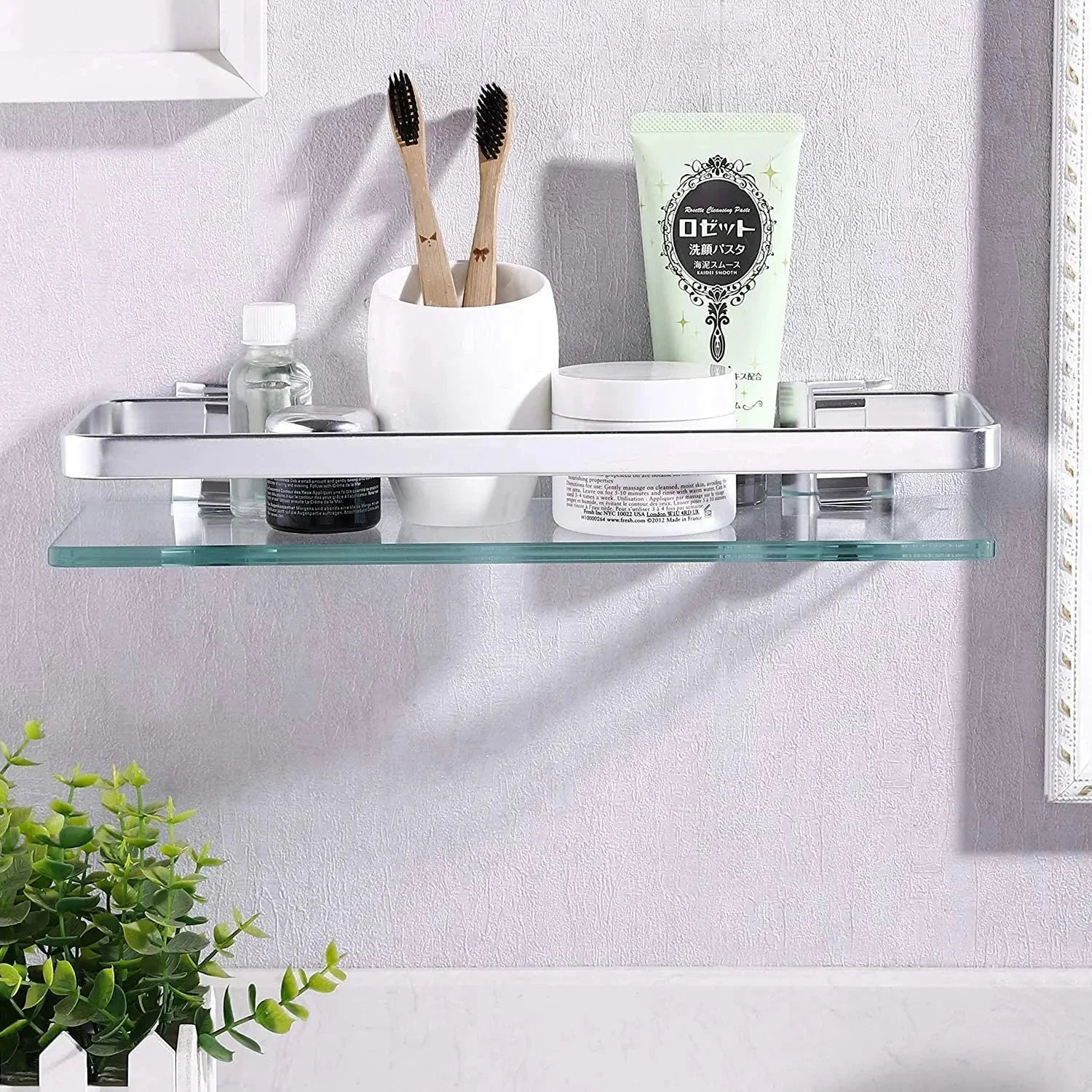 Tempered Glass Bathroom Shelf Aluminum Storage Rack Rectangular 30 40 50cm 1 Tier Silver Sand Sprayed Wall Mounted