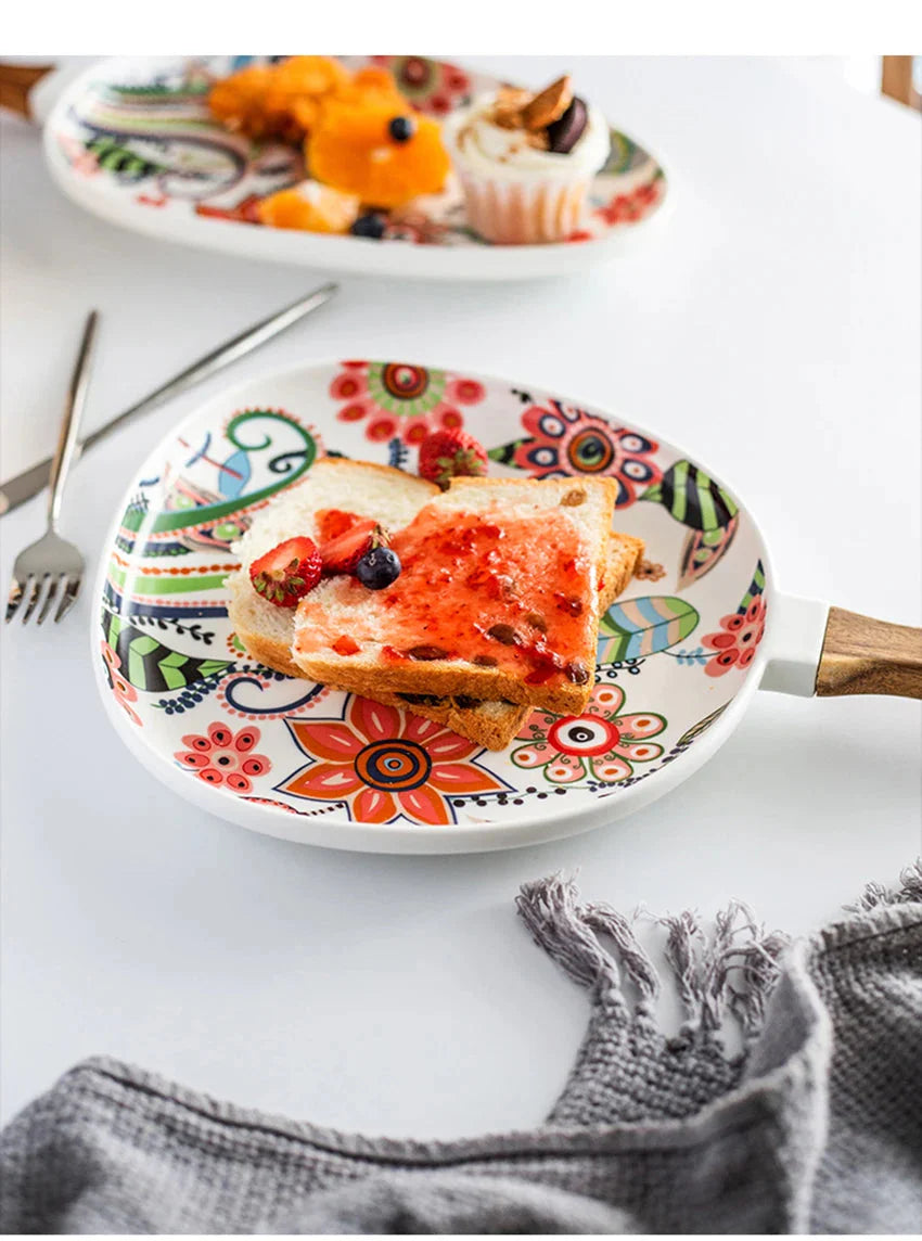 Ceramic Salad Plates with Handle,Porcelain Dinner Plates,Colorful Floral Pattern Serving Plate for Desserts Sandwiches Dishes 접시