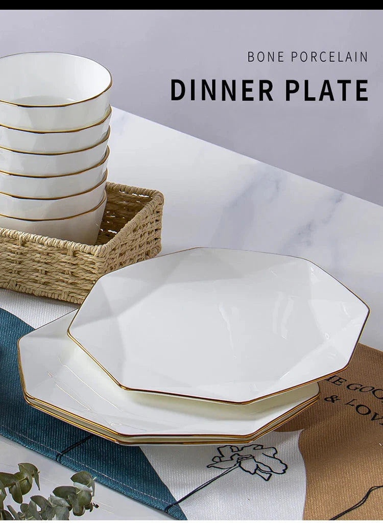 Phnom Penh Creative Octagonal Steak Flat Plate Light Luxury Bone China Tableware Western Dinner Plate Household Dinner Plates