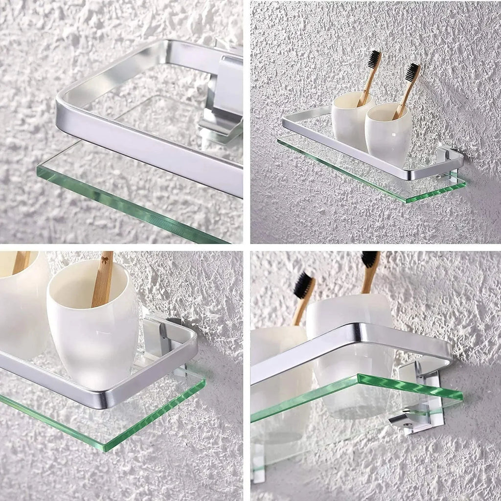 Tempered Glass Bathroom Shelf Aluminum Storage Rack Rectangular 30 40 50cm 1 Tier Silver Sand Sprayed Wall Mounted