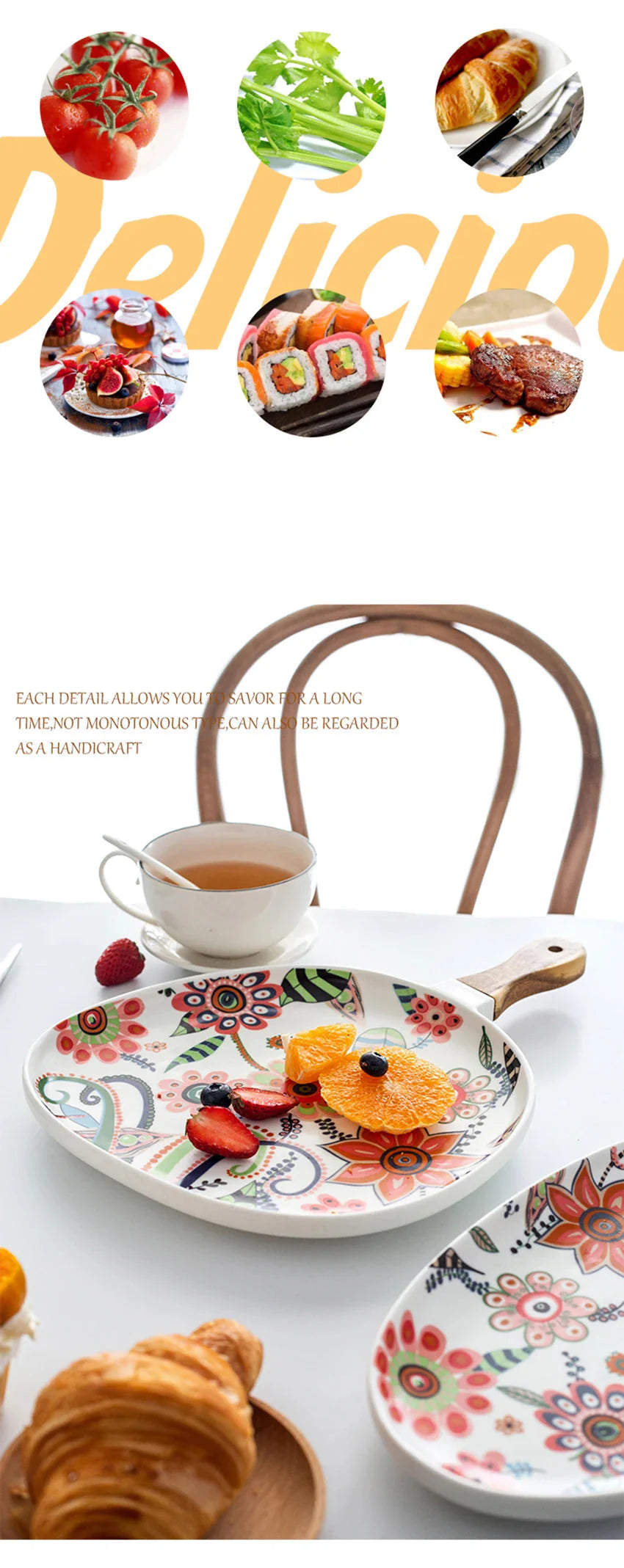 Ceramic Salad Plates with Handle,Porcelain Dinner Plates,Colorful Floral Pattern Serving Plate for Desserts Sandwiches Dishes 접시
