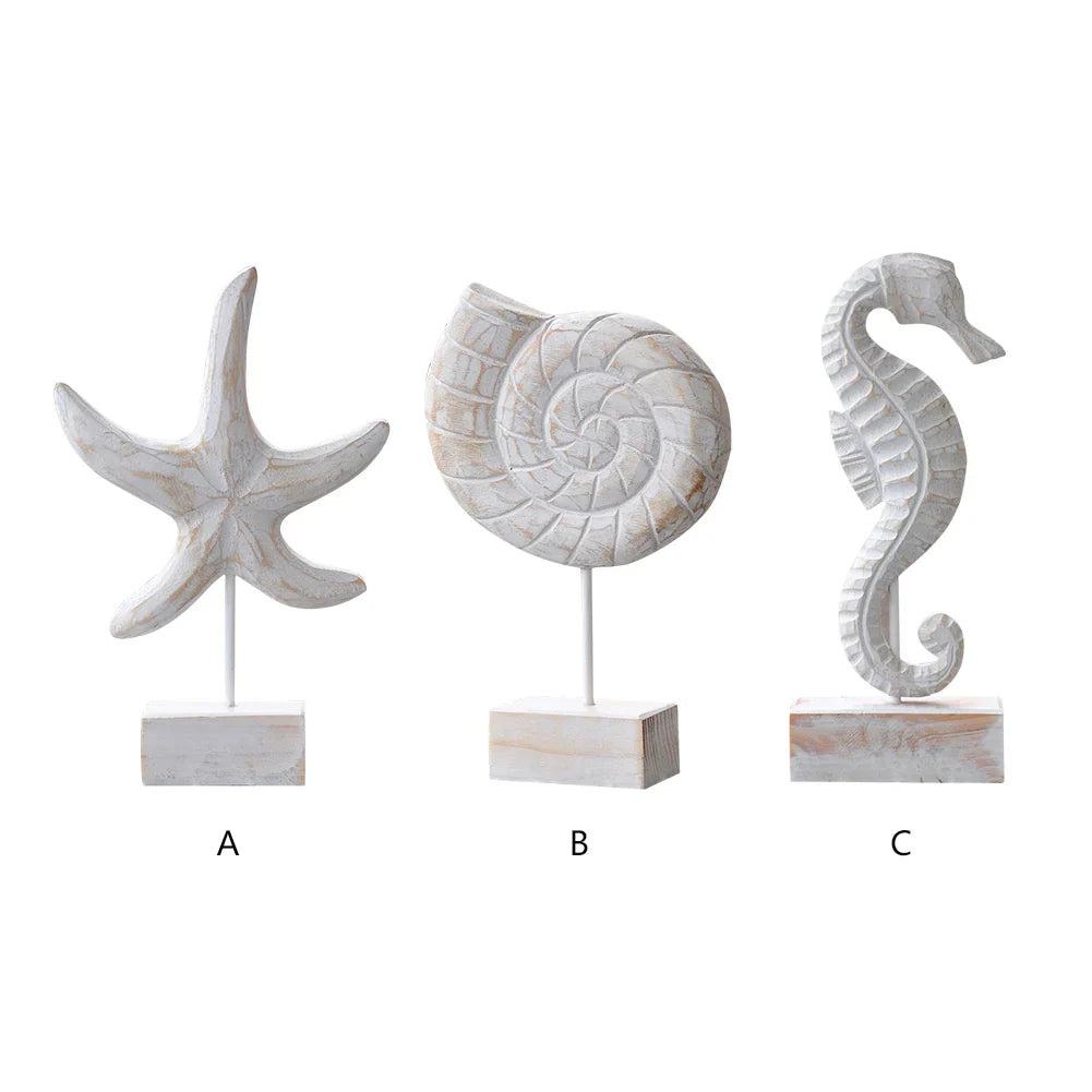 Mediterranean Style Wood Crafts Starfish Conch Hippocampus Wood Carving Marine Garden Decoration Ornaments Home Decoration