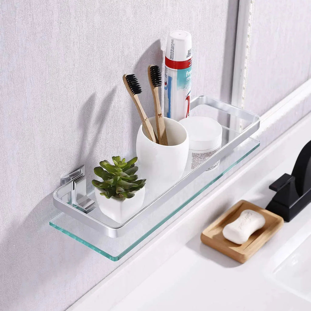 Tempered Glass Bathroom Shelf Aluminum Storage Rack Rectangular 30 40 50cm 1 Tier Silver Sand Sprayed Wall Mounted