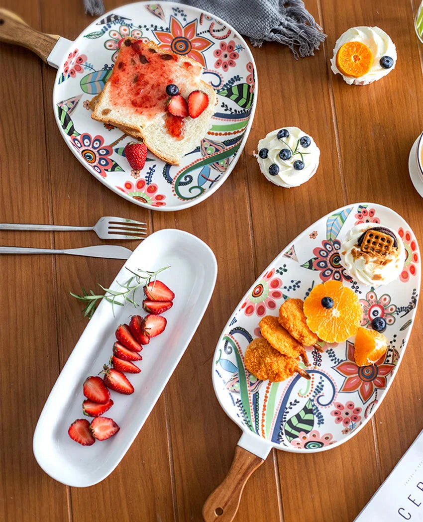 Ceramic Salad Plates with Handle,Porcelain Dinner Plates,Colorful Floral Pattern Serving Plate for Desserts Sandwiches Dishes 접시