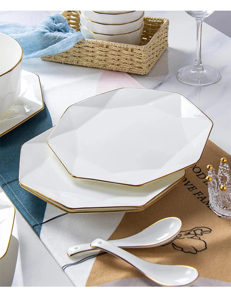 Phnom Penh Creative Octagonal Steak Flat Plate Light Luxury Bone China Tableware Western Dinner Plate Household Dinner Plates