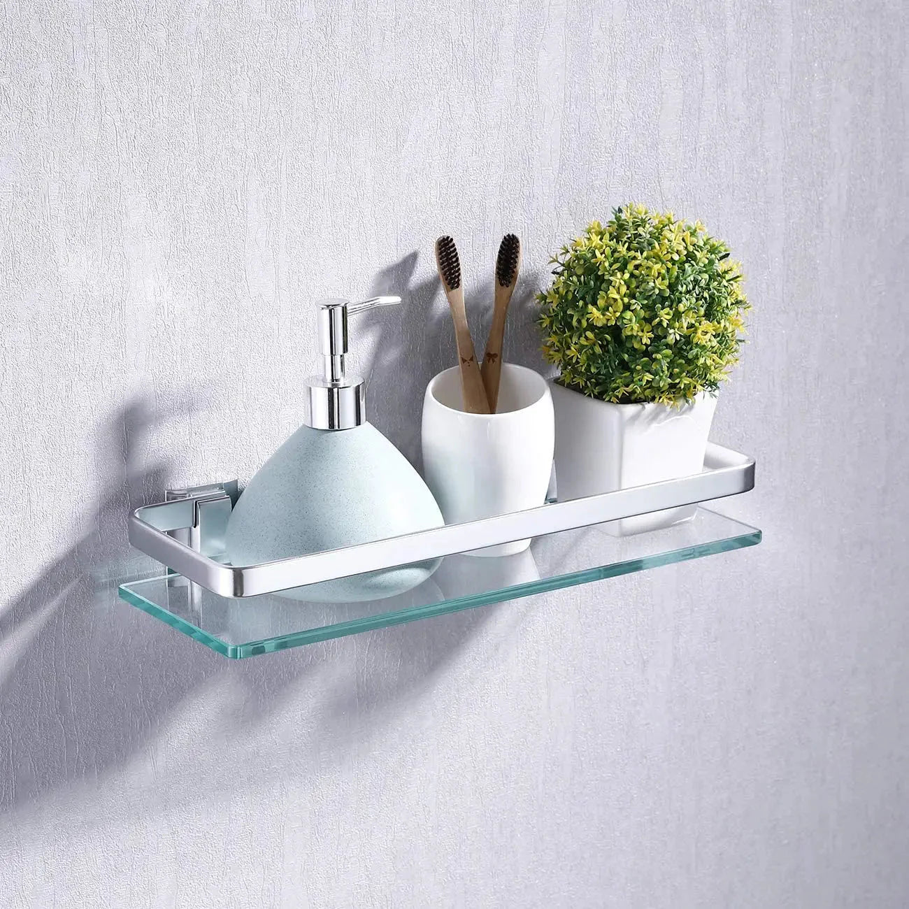 Tempered Glass Bathroom Shelf Aluminum Storage Rack Rectangular 30 40 50cm 1 Tier Silver Sand Sprayed Wall Mounted