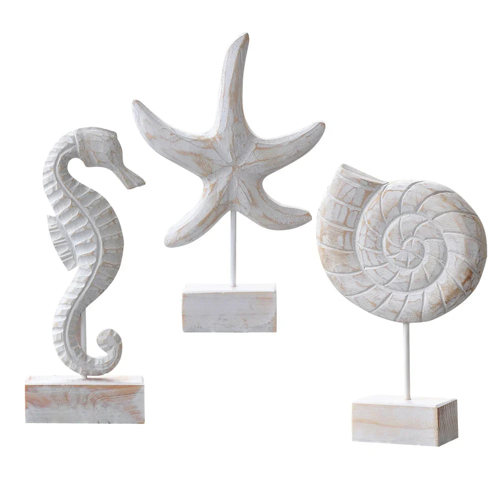 Mediterranean Style Wood Crafts Starfish Conch Hippocampus Wood Carving Marine Garden Decoration Ornaments Home Decoration